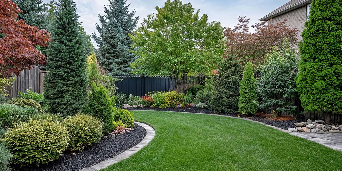 Lush green lawn with manicured shrubs, tall evergreen trees, and black mulch beds next to a suburban home fence.